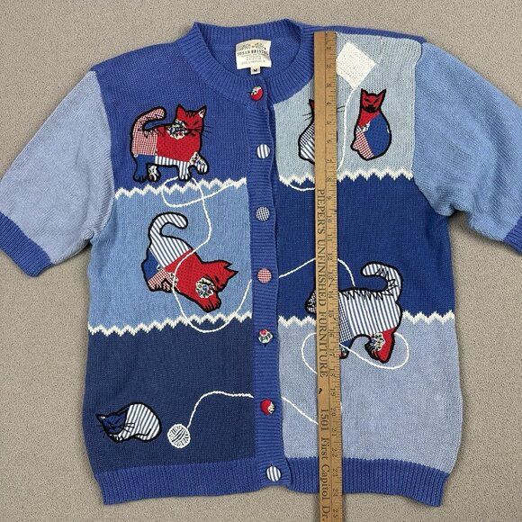 Vtg Susan Bristol Cat Sweater Cardigan Short Sleeve Blue Patchwork 1992 Medium - Picture 6 of 10